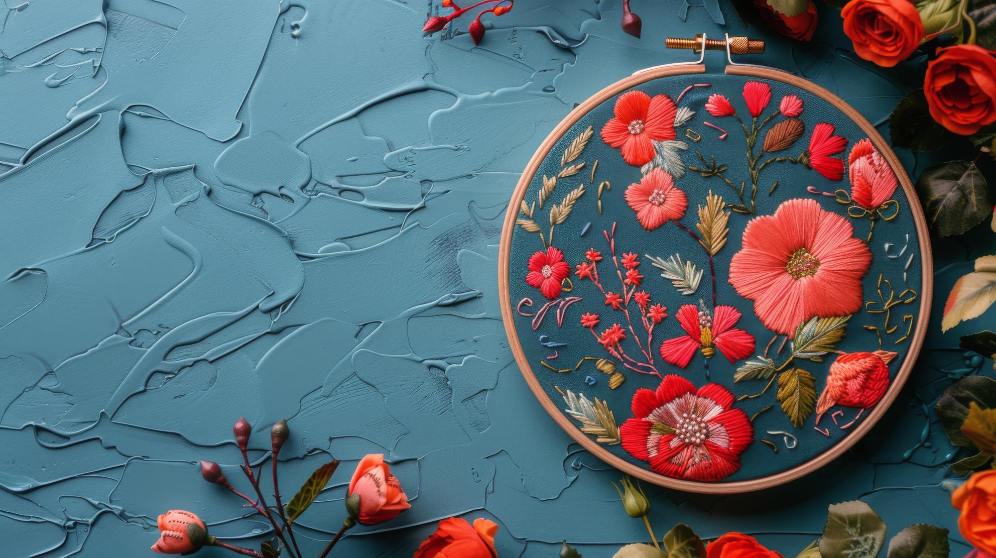 Textured botanical embroidery on canvas